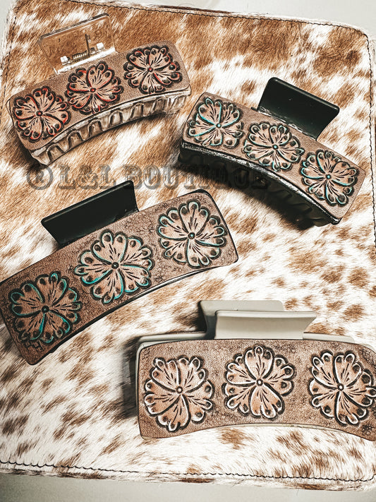Tooled Leather Daisy Claw Clip