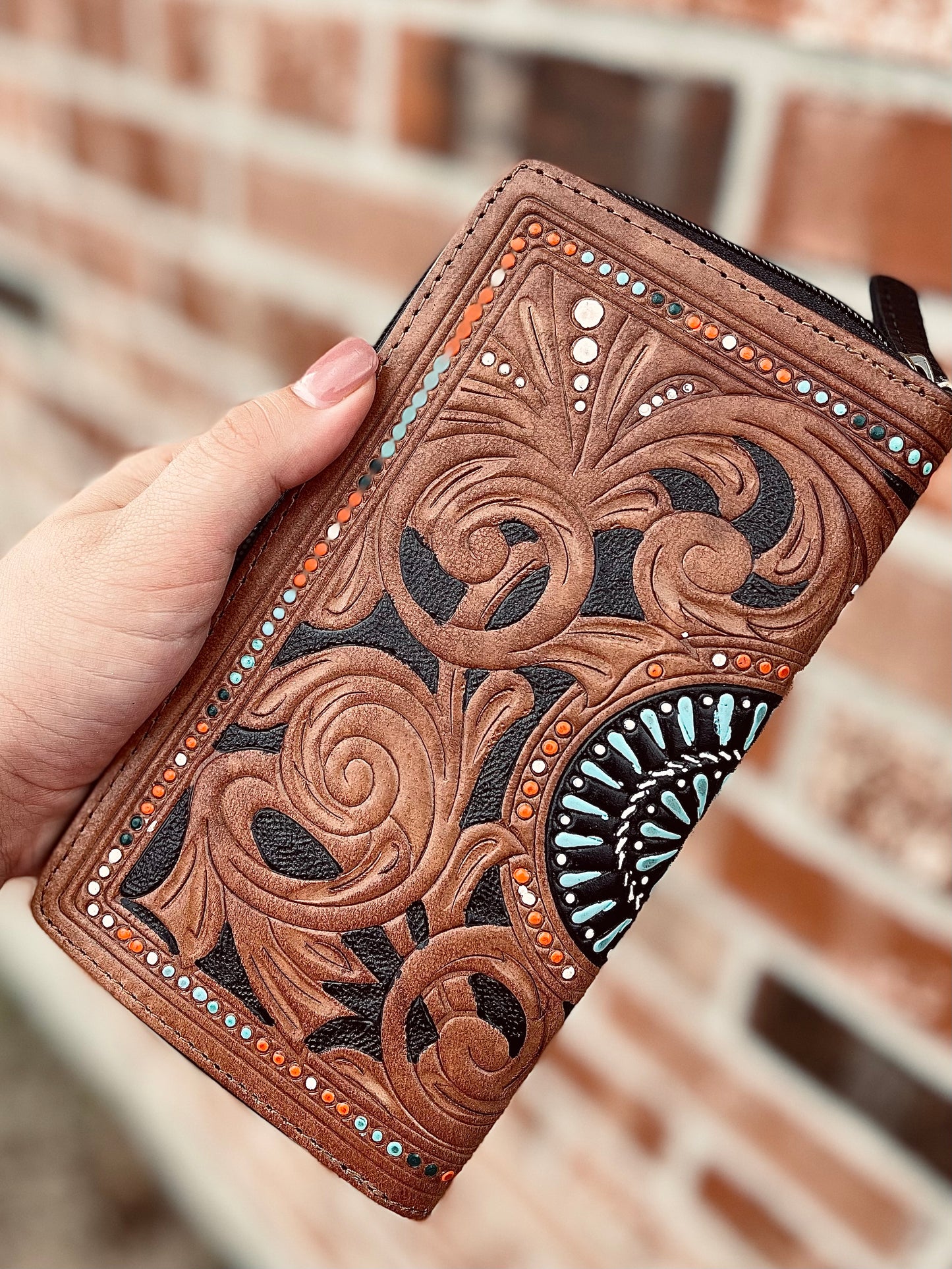 Tooled Leather with Turquoise Design Wallet