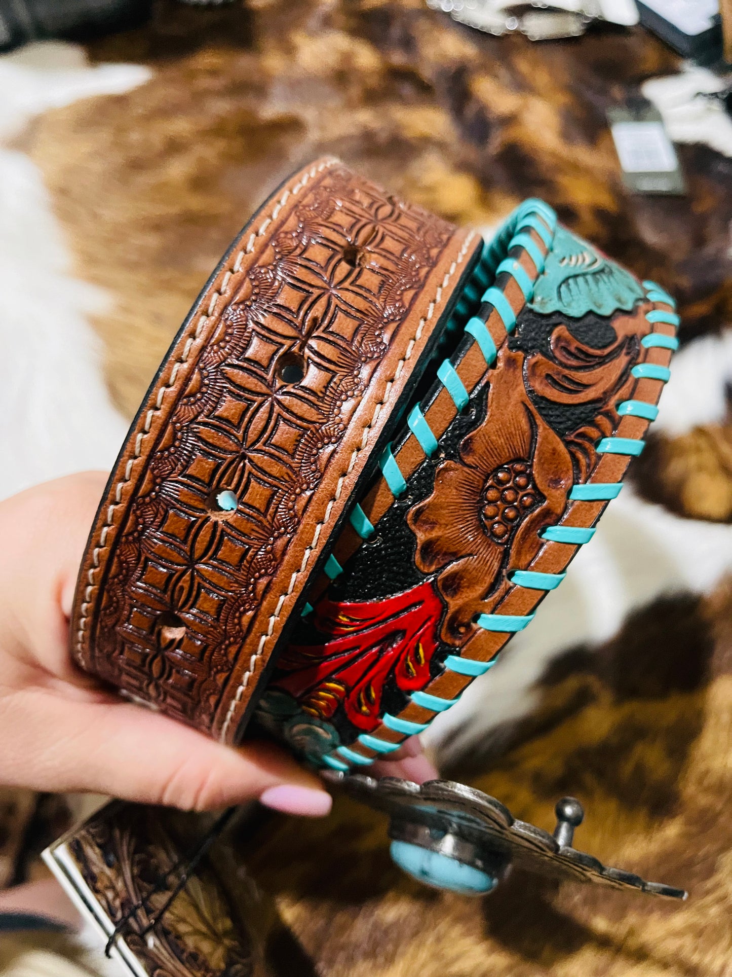 Turquoise Buckle Tooled Leather Belt – L&L Boutique