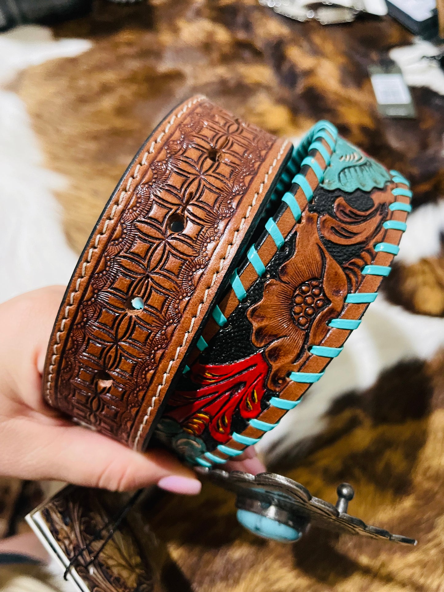 Turquoise Buckle Tooled Leather Belt