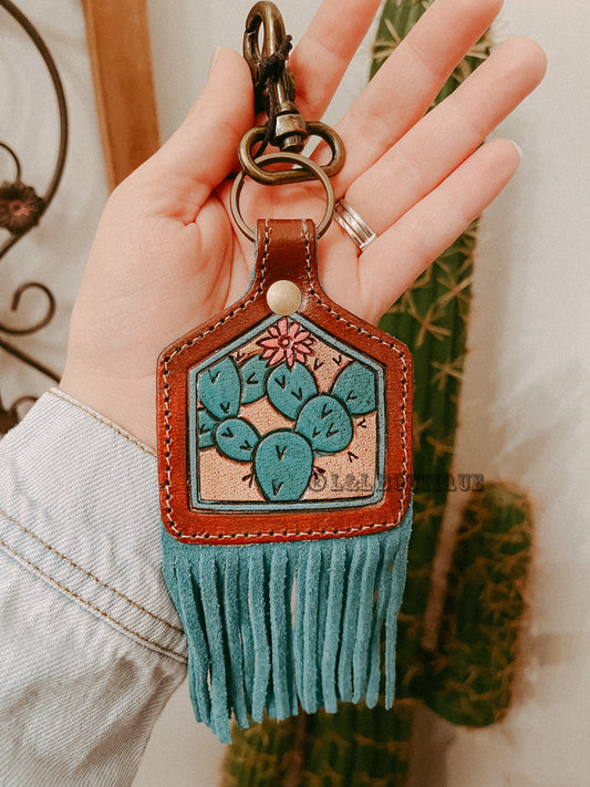Turquoise Cactus Cowtag Keychain