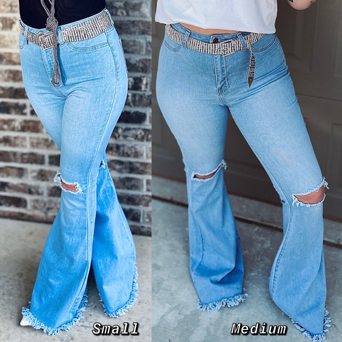 Light Wash Distressed Bell Bottoms