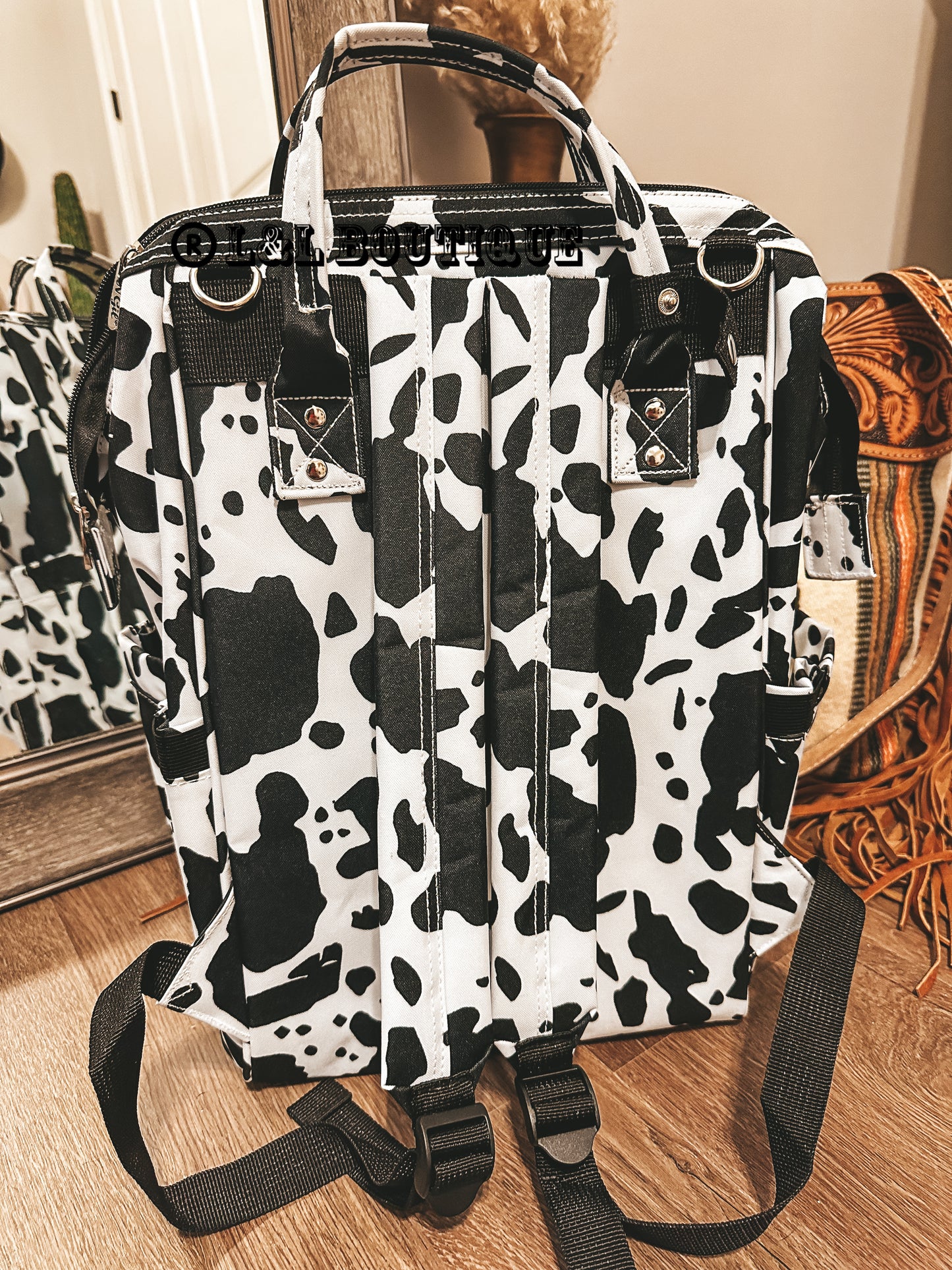 Black Cow Print Diaper Bag