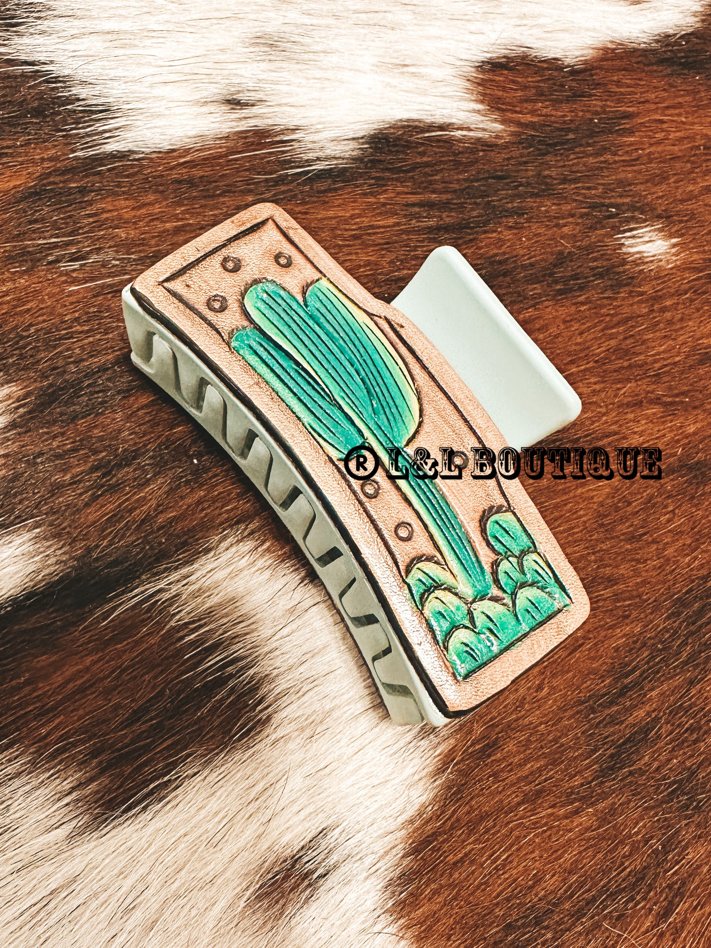 Tooled Leather Claw Clip *Green Cactus